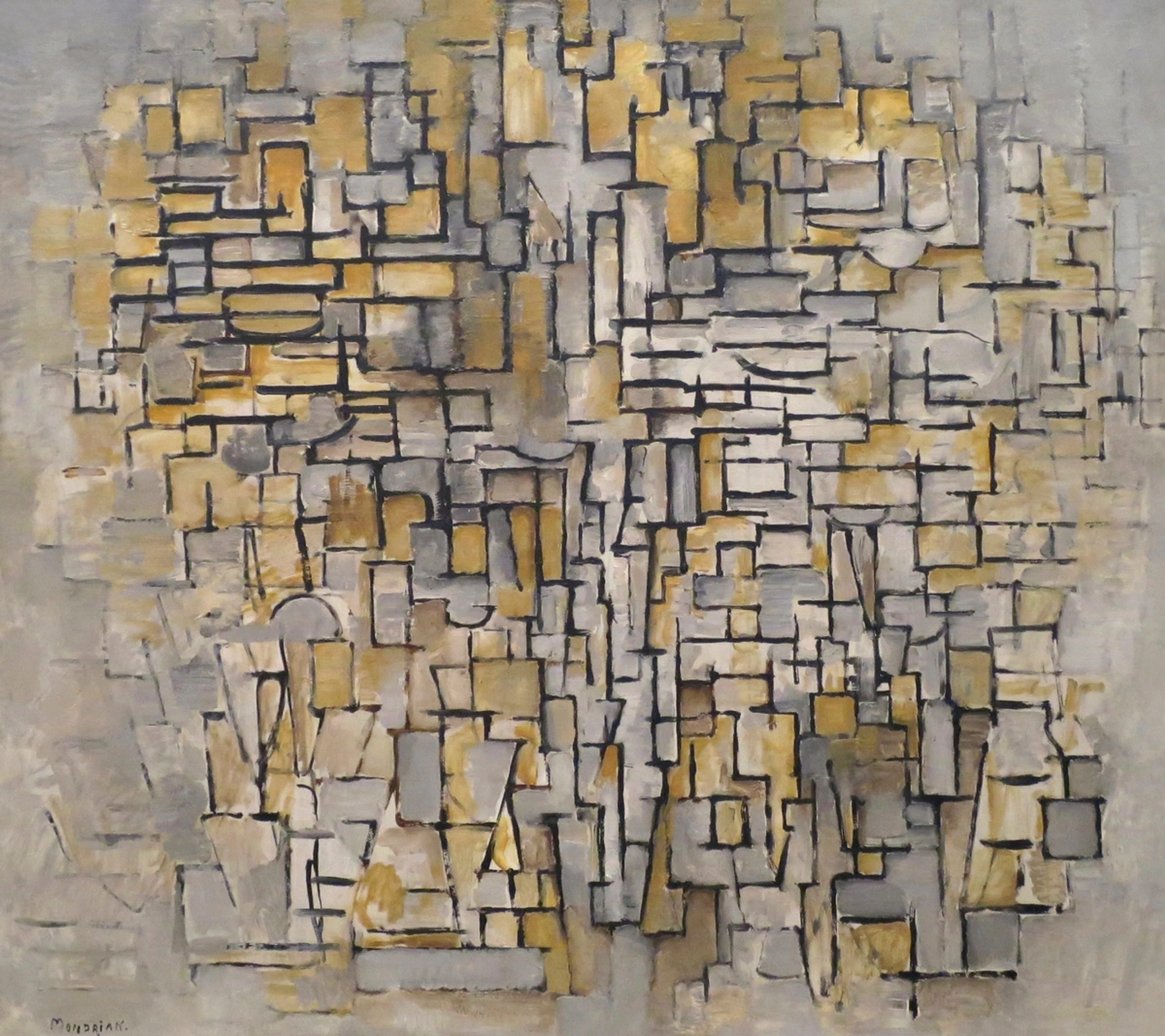 Abstract painting by Piet Mondrian, "Composition No. VII / Tableau No. 2," featuring a grid-like structure of small rectangles in shades of gray, ochre, and off-white, outlined by black lines.