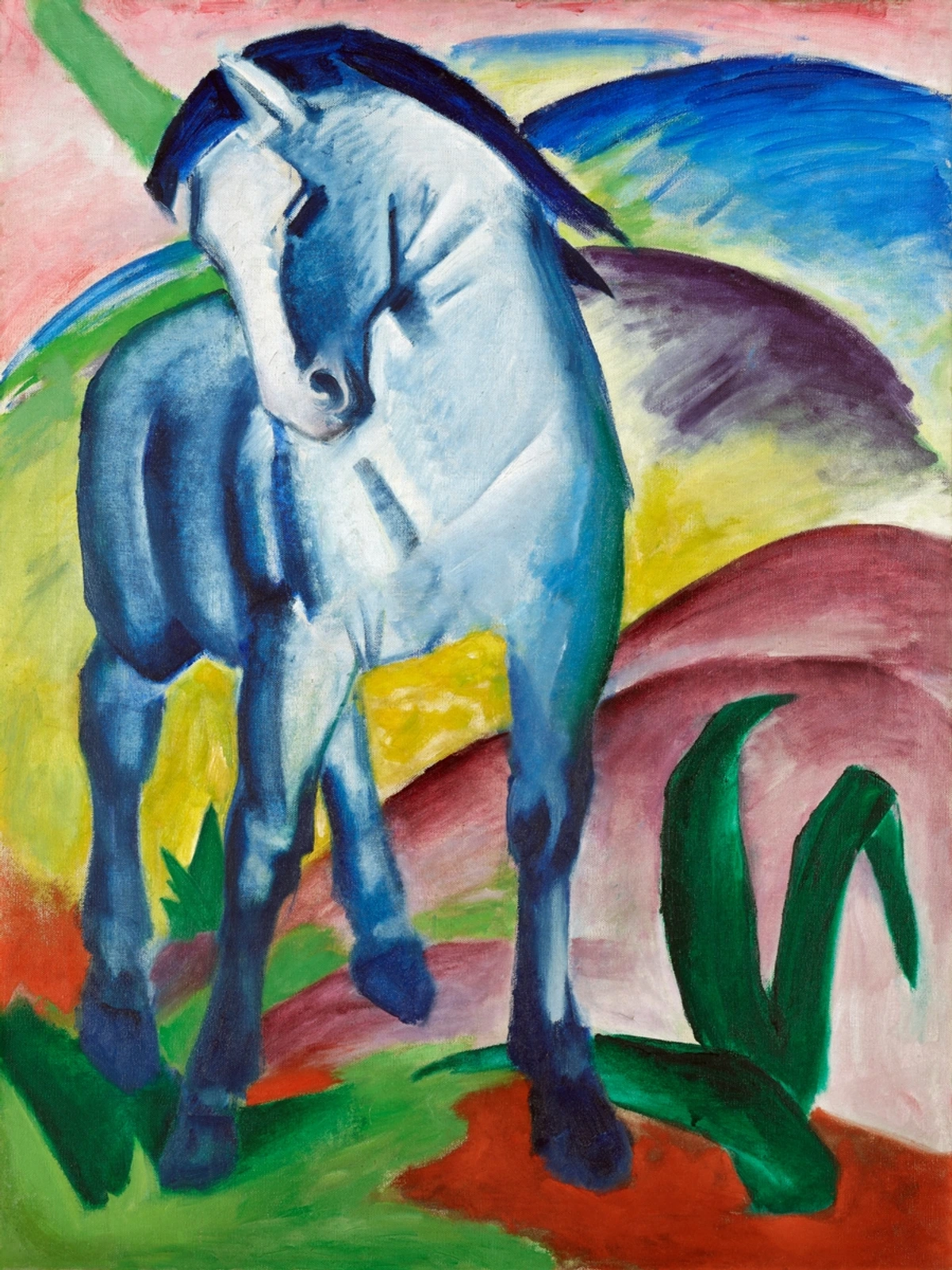 Abstract blue horse standing in a colorful landscape.