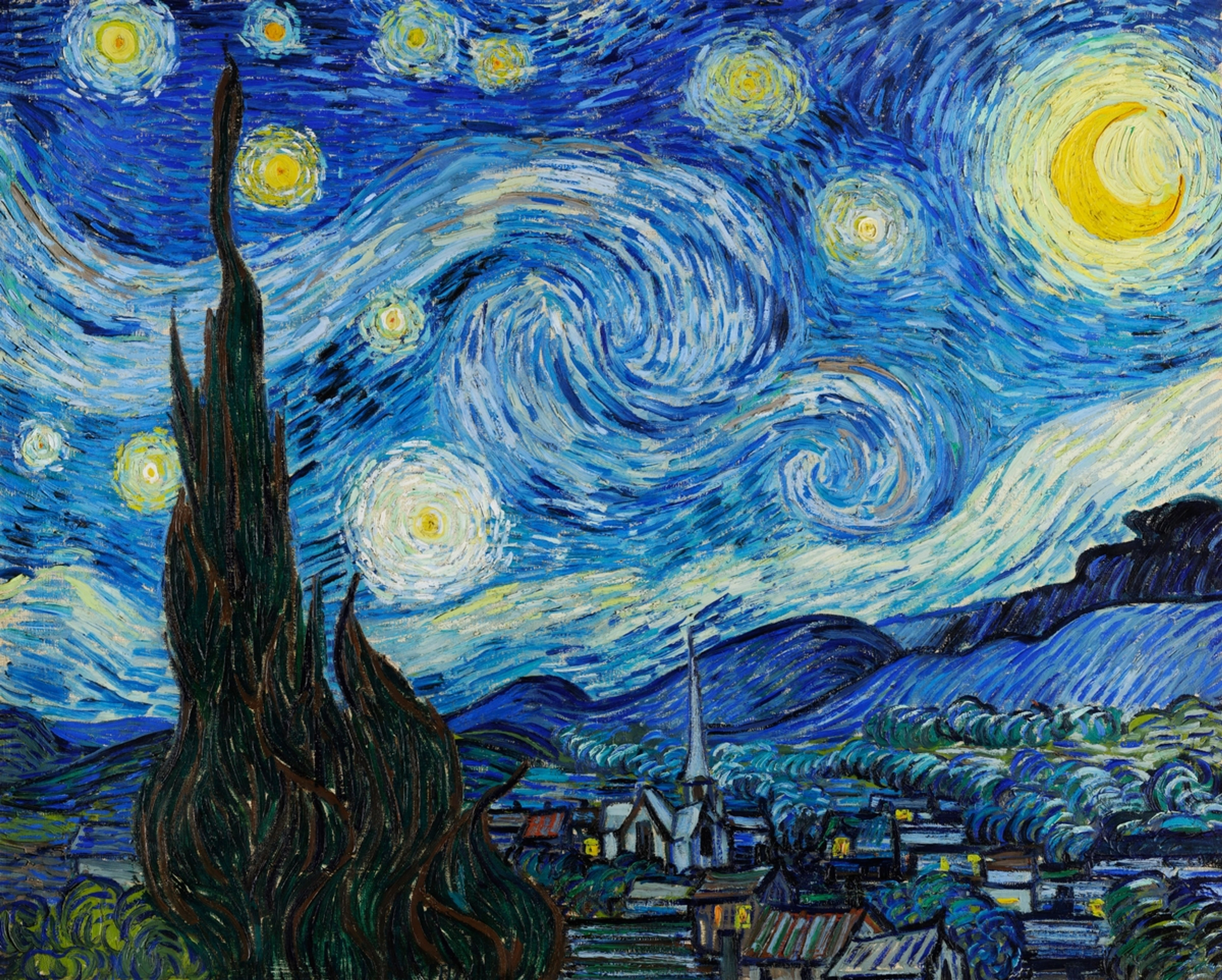Vincent van Goghs "De Sterrennacht" toont een wervelende, levendige nachtelijke hemel met sterren, een halve maan, een donkere cipres op de voorgrond en een dorp eronder.
