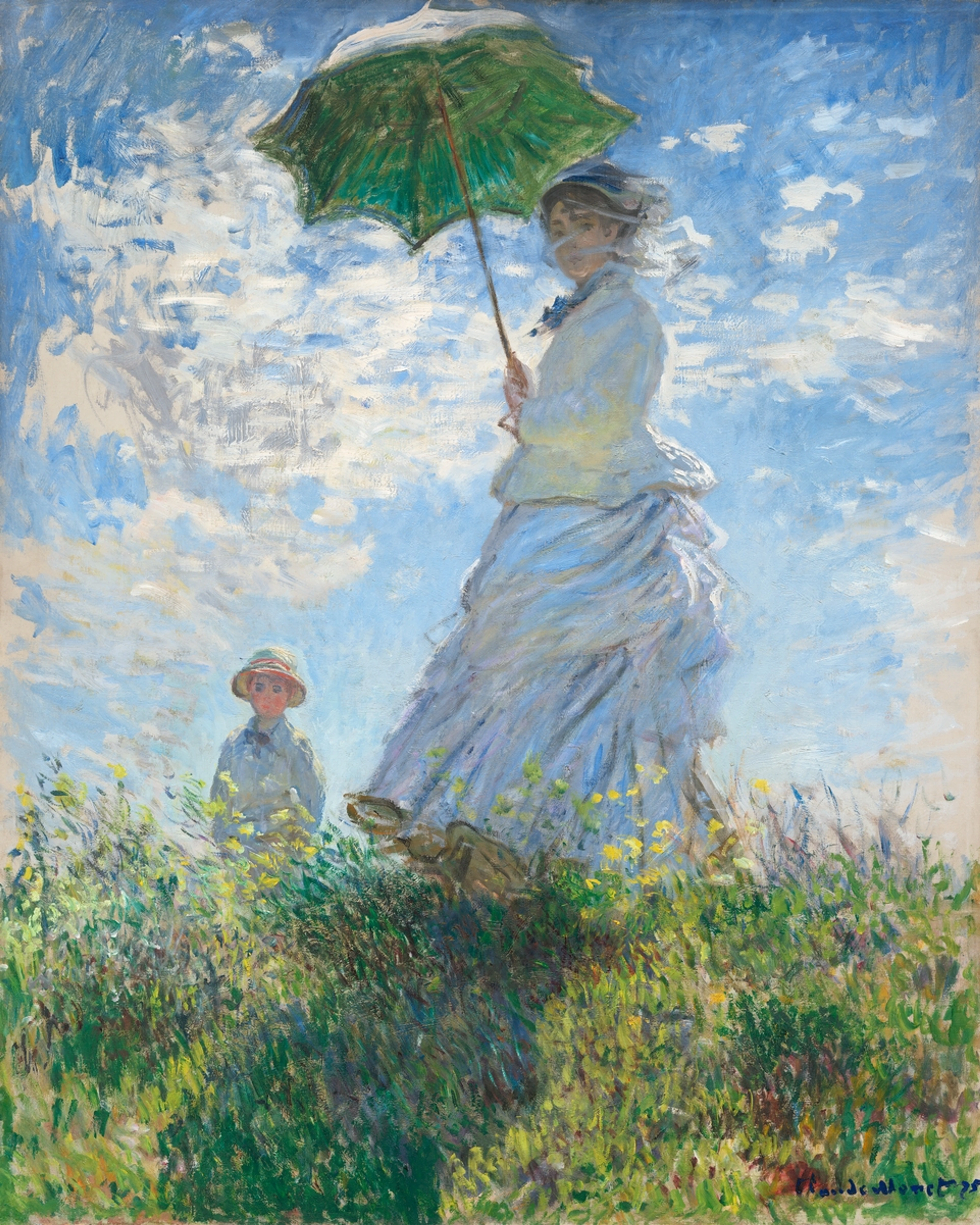 Impressionist painting by Claude Monet titled "Woman with a Parasol - Madame Monet and Her Son," depicting Camille Monet and their son Jean walking in a windy, sun-drenched field under a partly cloudy sky.