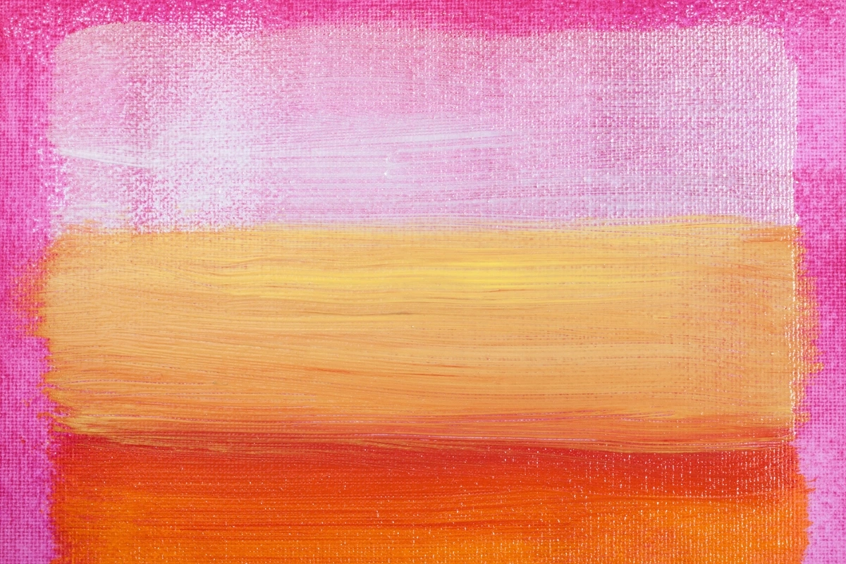 Close-up abstract painting on canvas featuring horizontal blocks of blended pink, yellow, and orange hues.