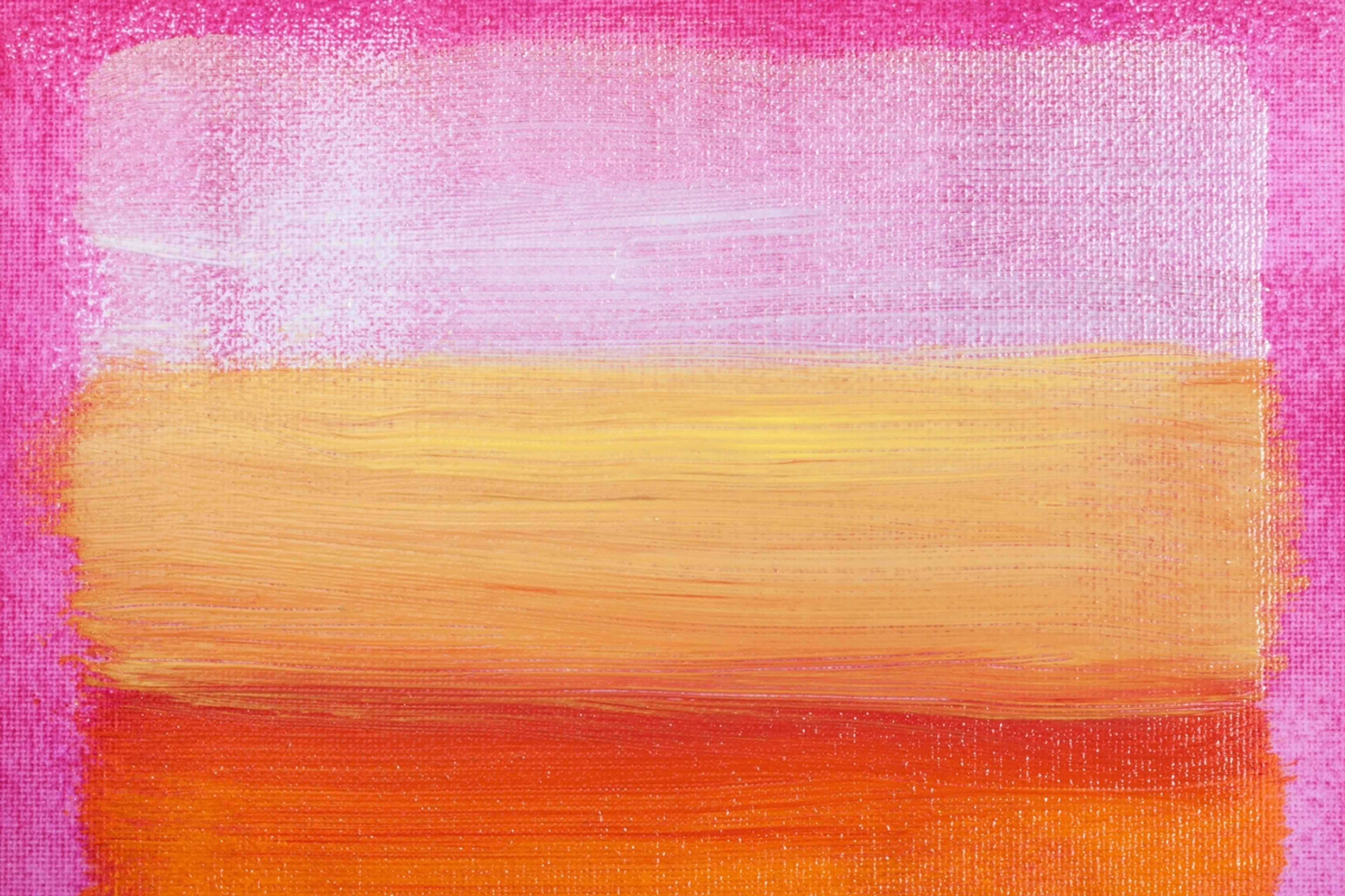 Close-up abstract painting on canvas featuring horizontal blocks of blended pink, yellow, and orange hues.