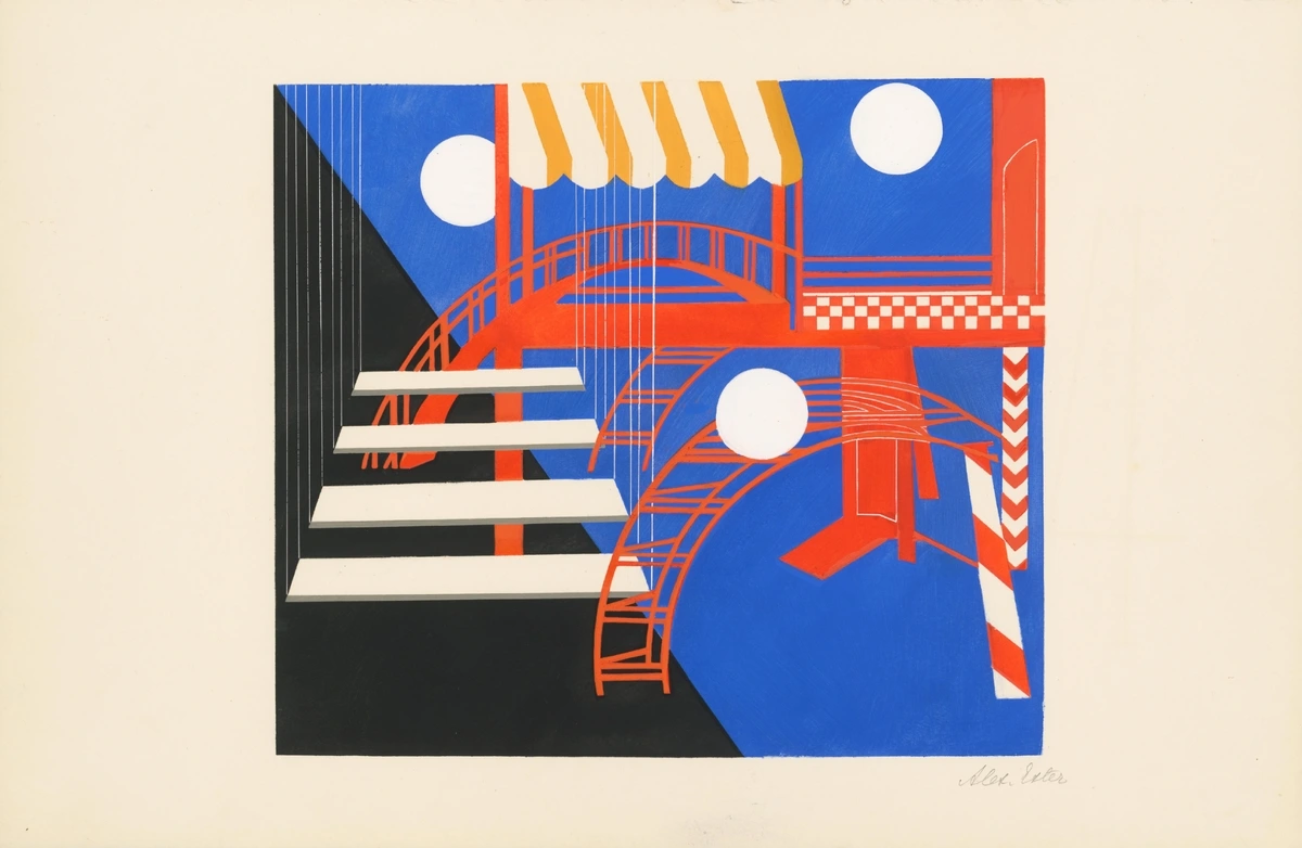 Constructivist design for a theatre set with geometric shapes in red, white, blue, and black.