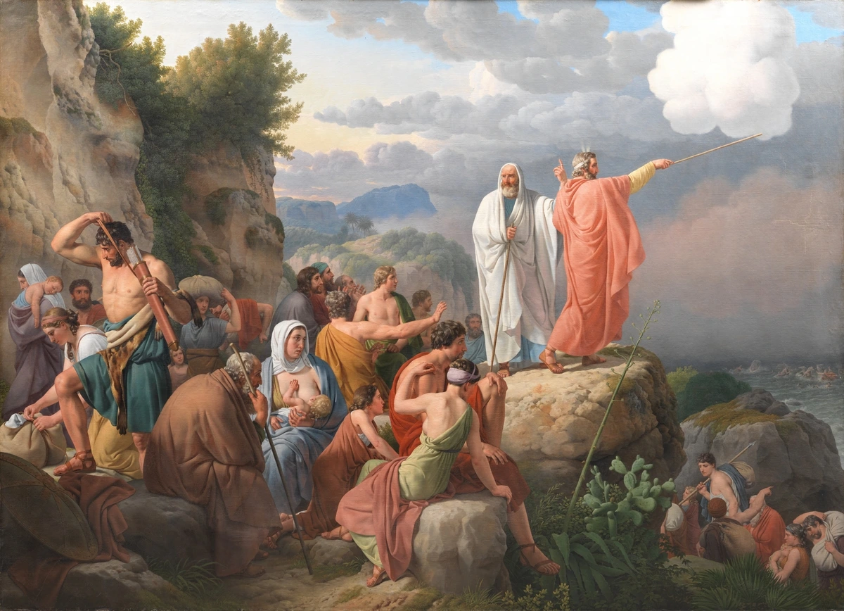 Painting by Peter von Cornelius depicting a large group of people, presumably Israelites, resting on rocky terrain near the sea after a crossing, with Moses holding a staff and gesturing towards the distance.