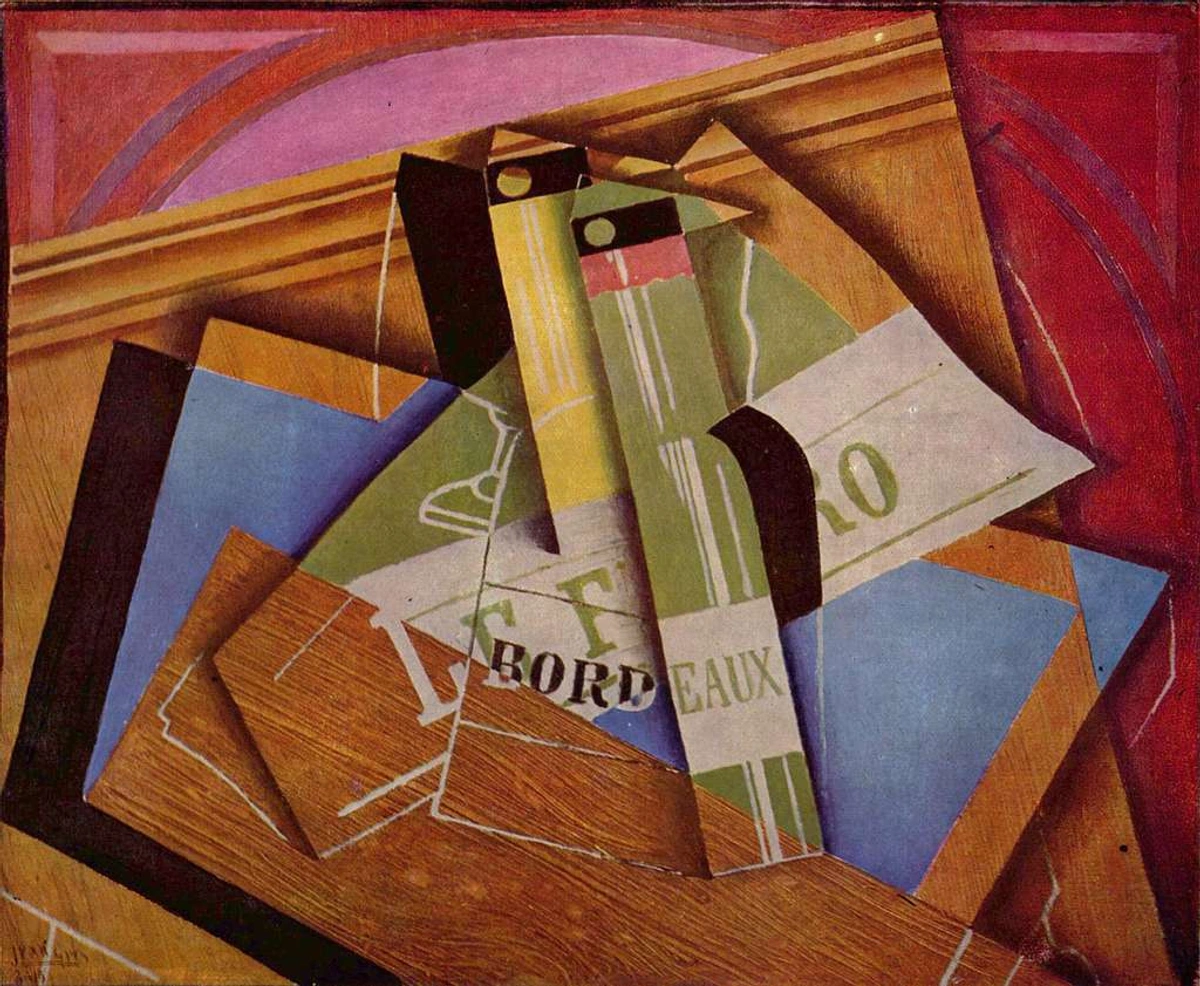 Schilderij van Juan Gris "Stilleven met een fles Bordeaux", een synthetisch Kubistisch werk met overlappende geometrische vormen en tekstfragmenten.