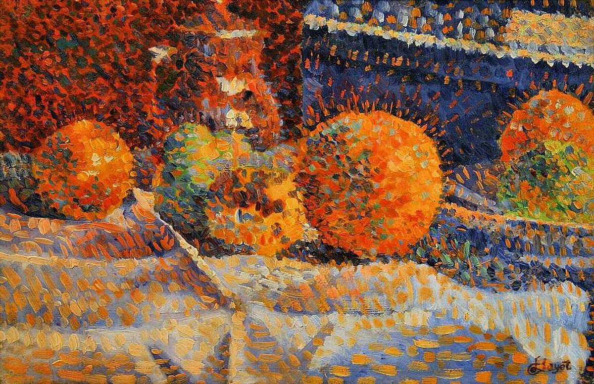 Neo-Impressionist painting by Maximilien Luce depicting a still life with oranges and other fruits on a table with textured brushstrokes in warm and cool tones