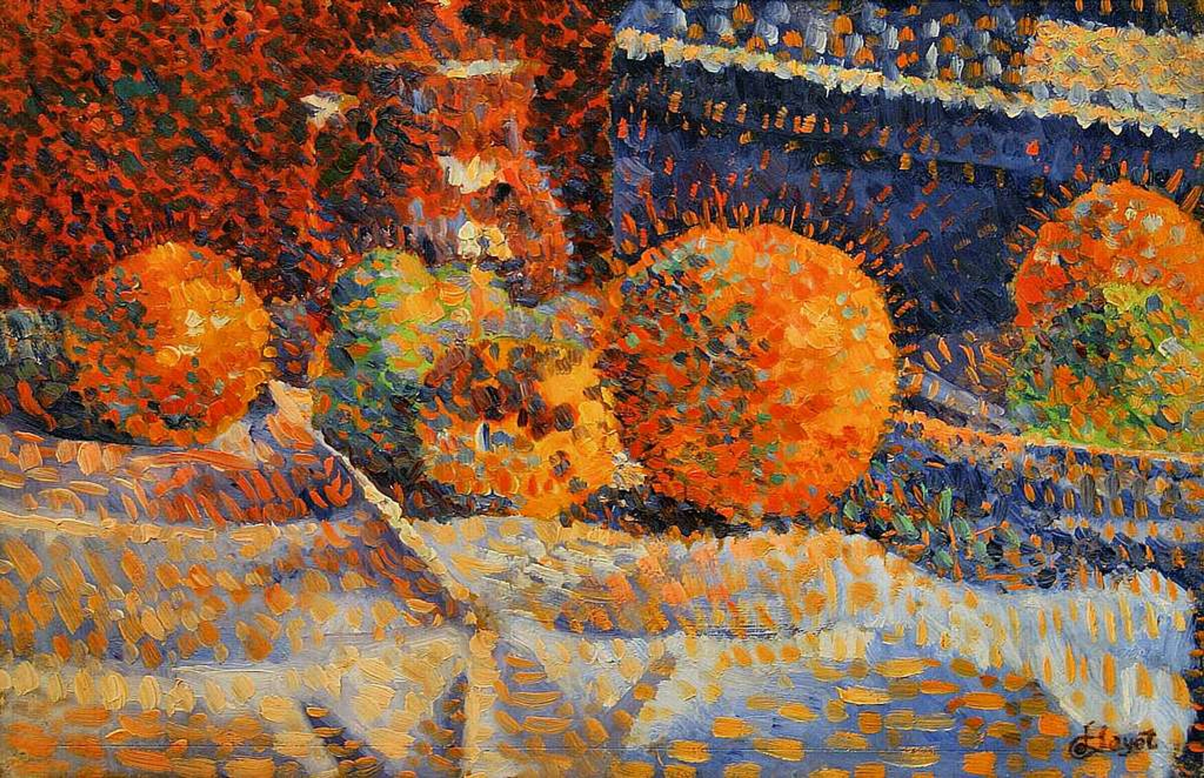 Neo-Impressionist painting by Maximilien Luce depicting a still life with oranges and other fruits on a table with textured brushstrokes in warm and cool tones.