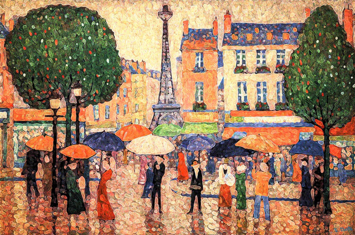 Impressionist painting by Pierre Bonnard, "Place Clichy in the Rain," depicting a wet Parisian street scene with numerous figures holding umbrellas, buildings, trees, and a glimpse of the Eiffel Tower.