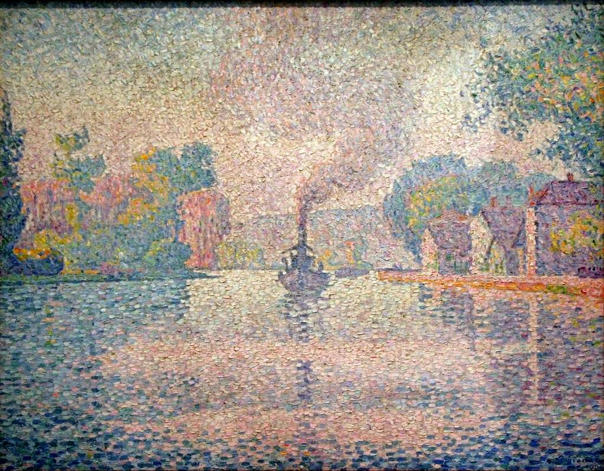Pointillist painting by Paul Signac depicting the L'Hirondelle steamer on the Seine River with colorful dabs of paint, showcasing a historical artistic approach to color and light.