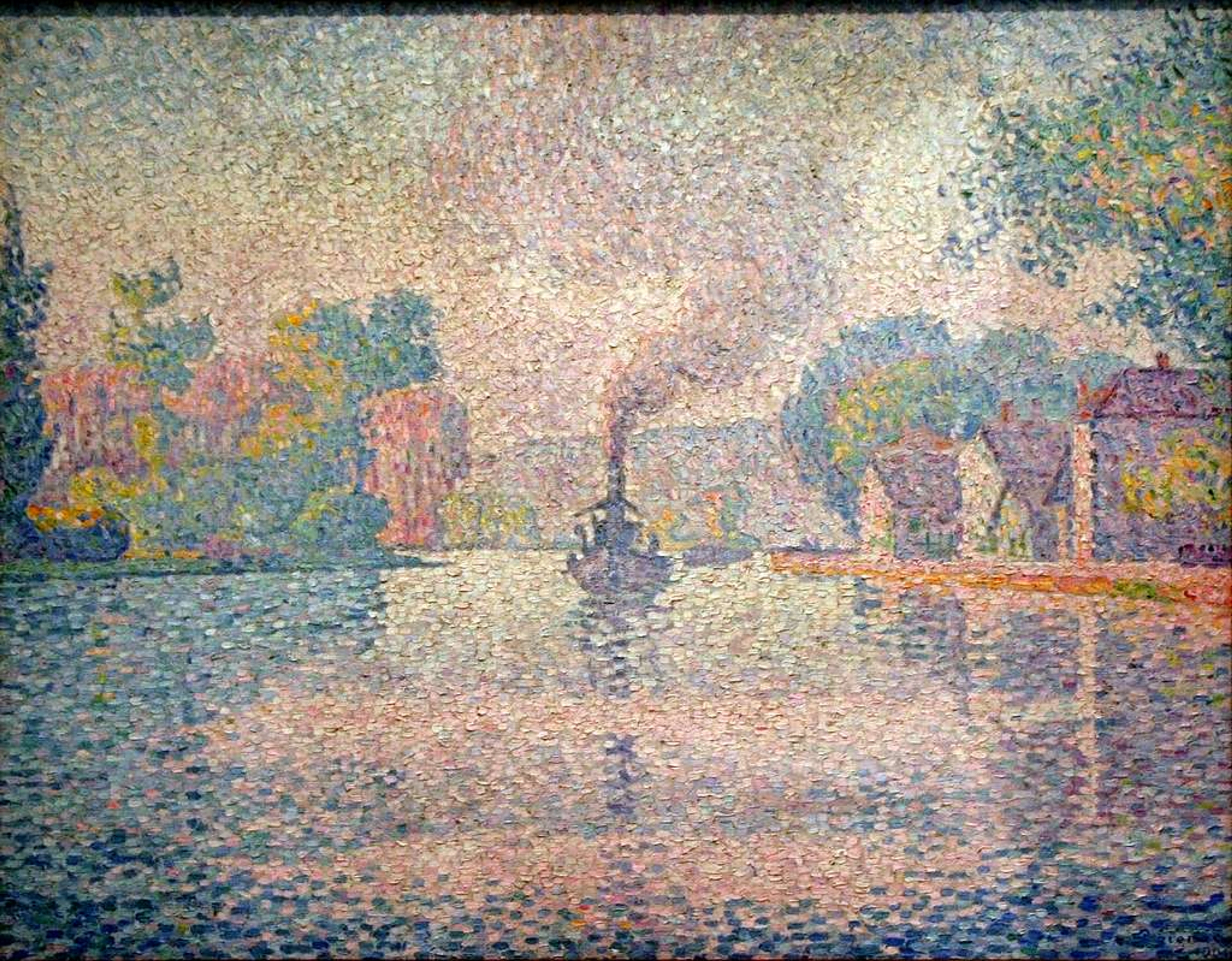 Pointillist painting by Paul Signac depicting the L'Hirondelle steamer on the Seine River with colorful dabs of paint.