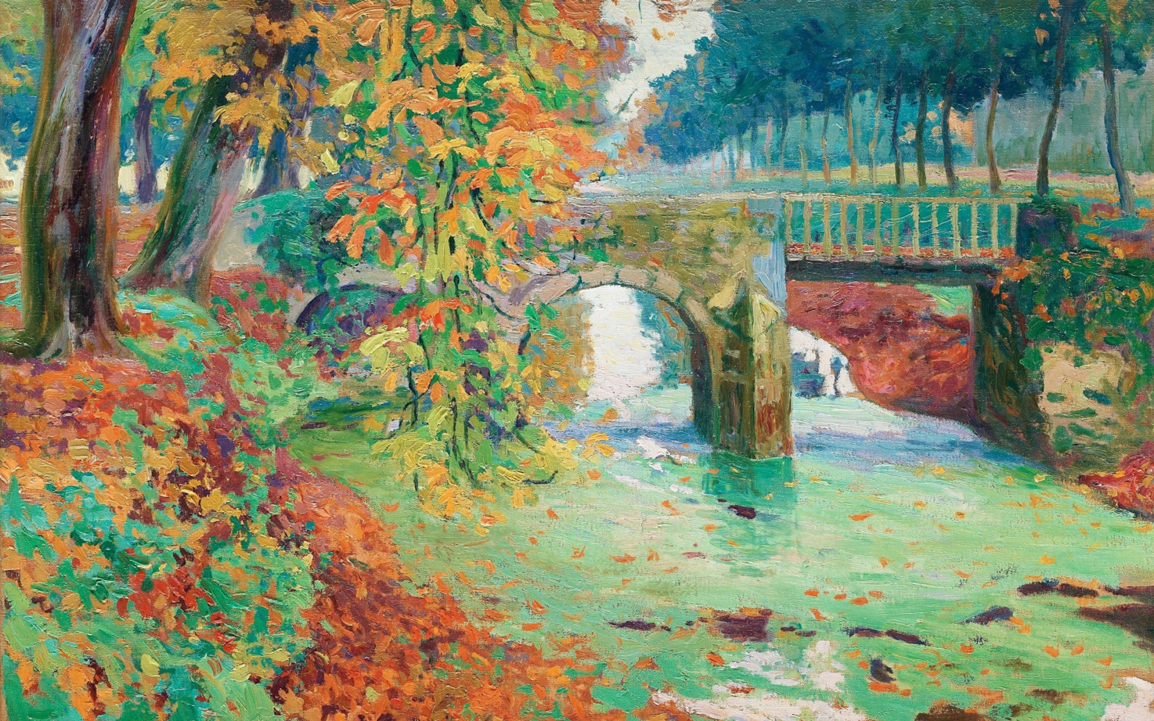 Paul Madeline painting, likely "The Garden," depicting a stone bridge over a stream in an autumn landscape with colorful foliage.
