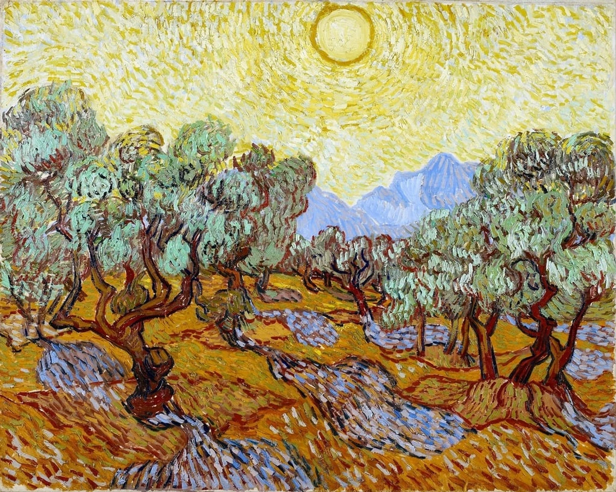 Vincent van Gogh's "Olive Trees with Yellow Sky and Sun" showing olive trees in a landscape under a bright yellow sky and sun, with mountains in the distance.