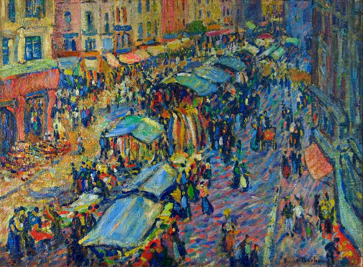 Fauvist painting by Robert Antoine Pinchon, "The Market at Pont-Audemer," depicting a bustling marketplace scene with colorful stalls, numerous figures, and vibrant brushstrokes.