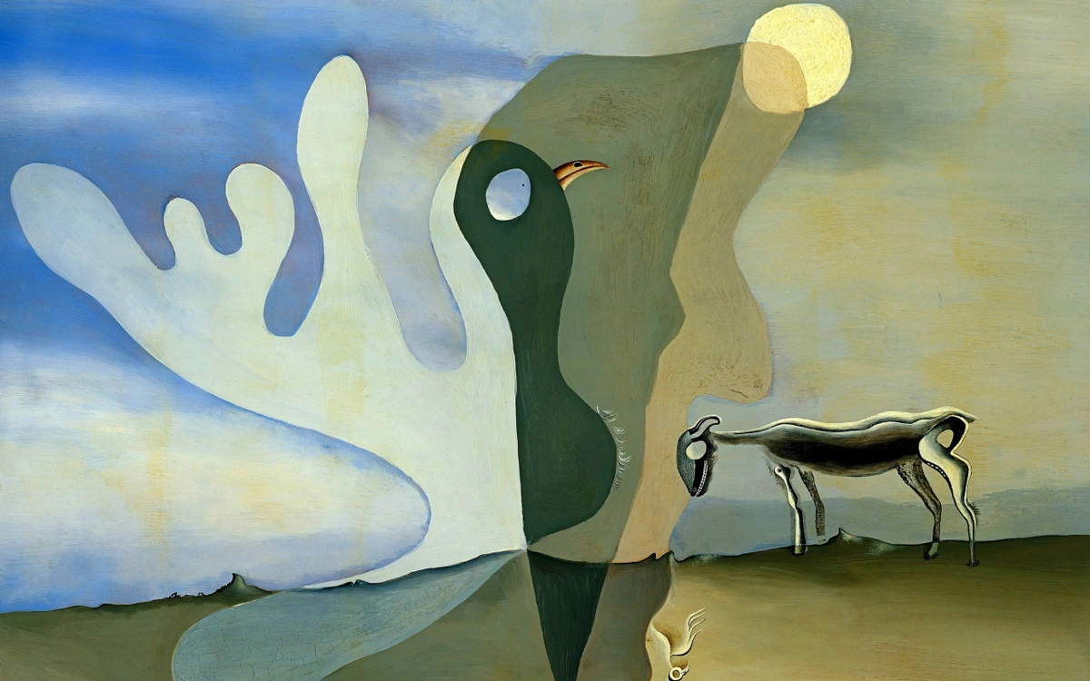 Surrealist painting by Yves Tanguy, "The Ram, The Spectral Cow," featuring abstract, biomorphic forms in muted blues, greens, and browns, suggestive of a dreamlike landscape with animalistic figures.