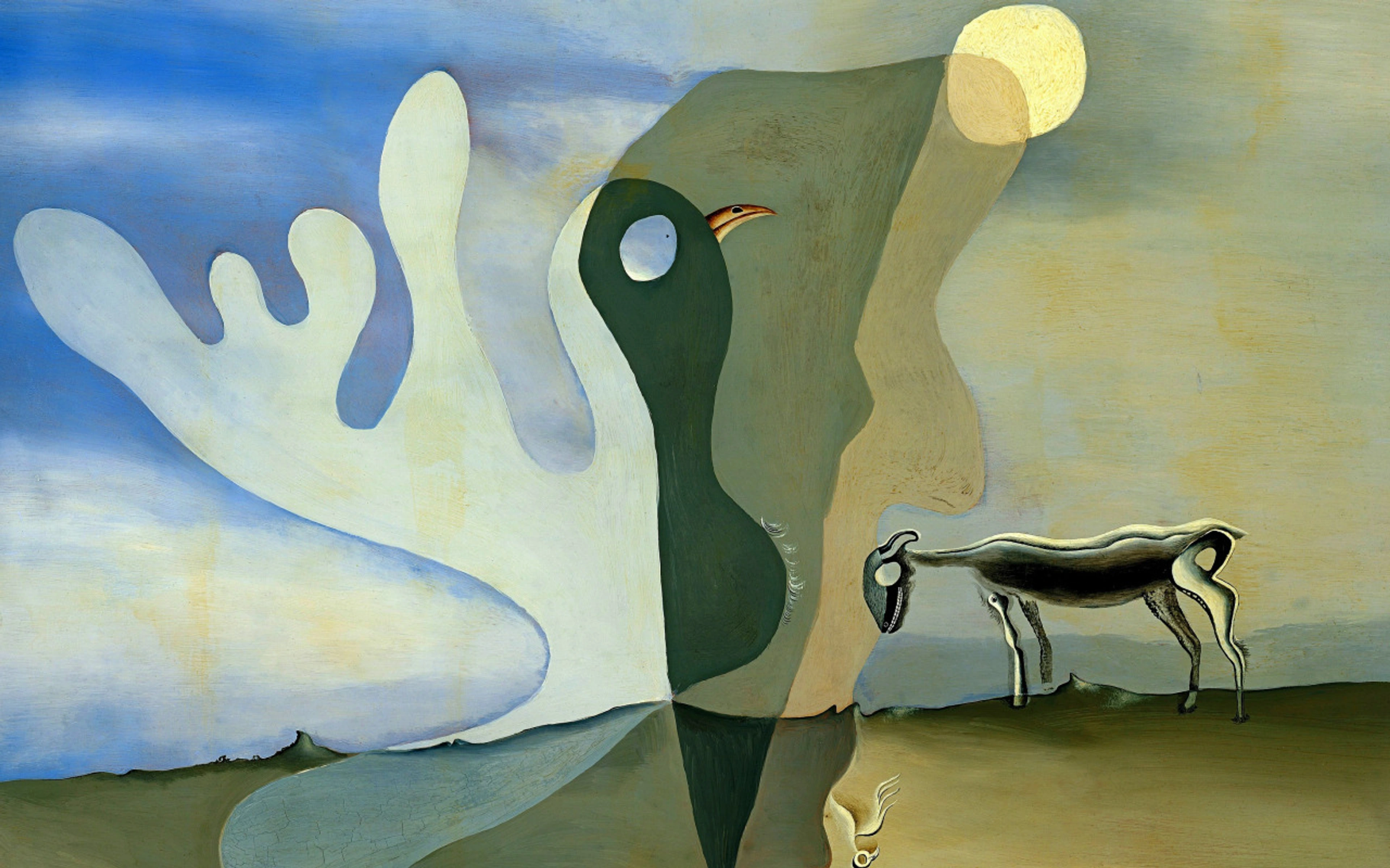 Surrealist painting by Yves Tanguy, "The Ram, The Spectral Cow," featuring abstract, biomorphic forms in muted blues, greens, and browns, suggestive of a dreamlike landscape with animalistic figures.