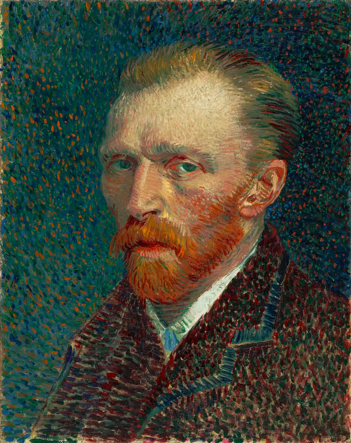 Post-Impressionist self-portrait by Vincent van Gogh with a reddish-brown beard, wearing a dark jacket, against a textured blue and orange background.