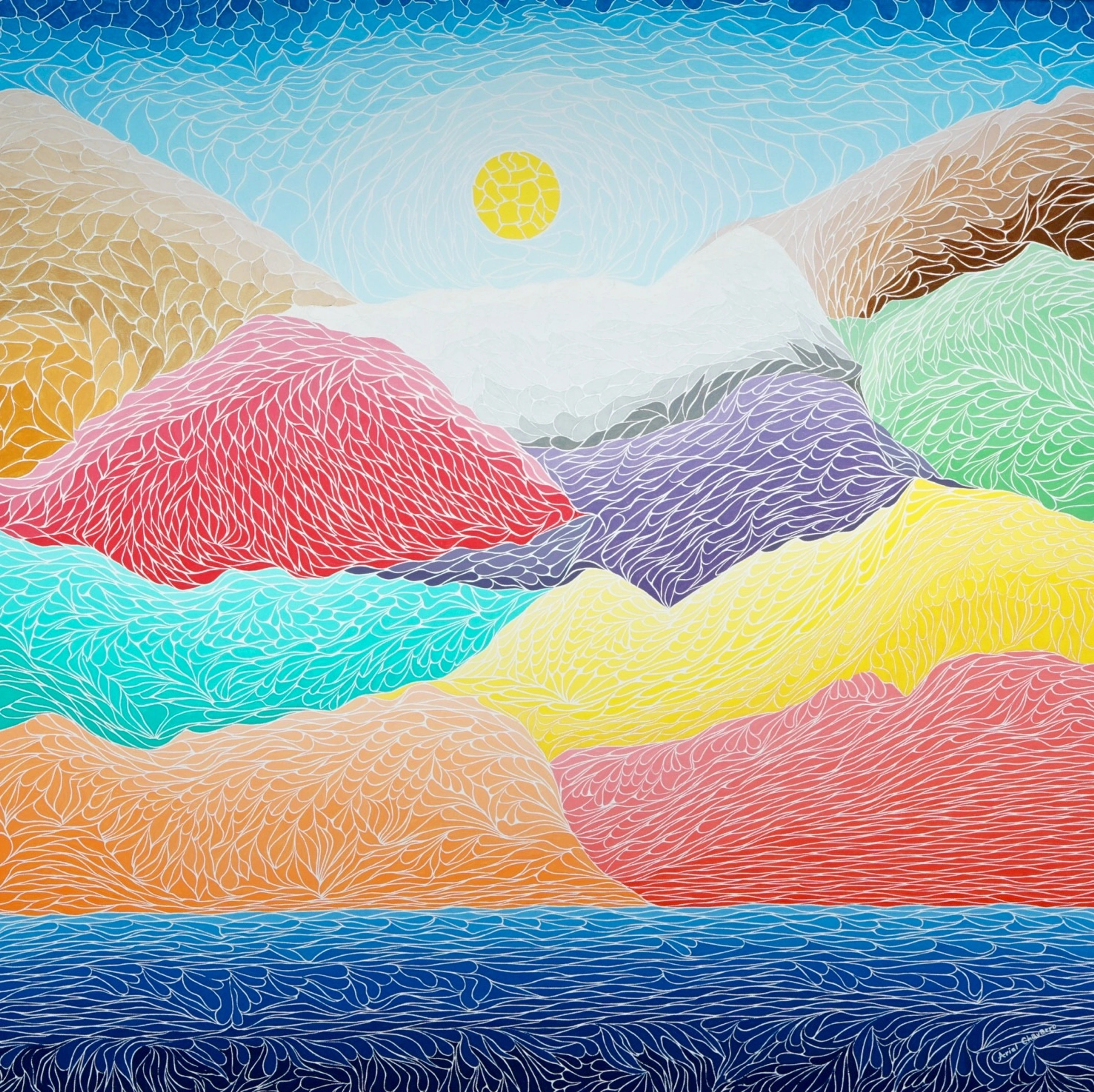 Colorful abstract mountain landscape with swirling lines, a yellow sun, and blue water.
