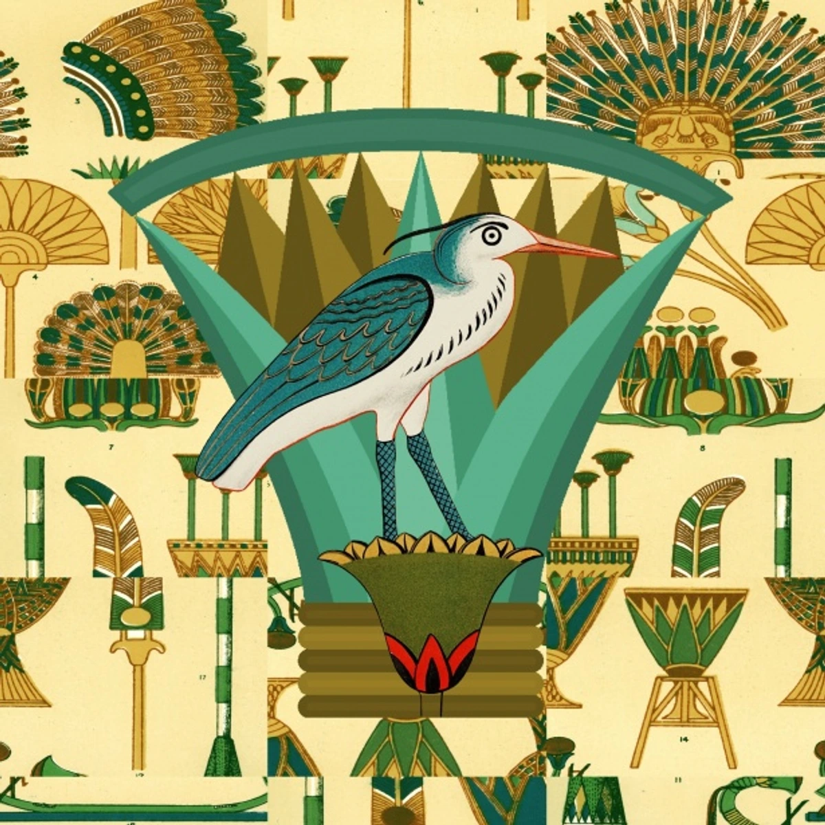 Ancient Egyptian bird perched on a lotus flower, symbolizing rebirth and creation, set against a backdrop of hieroglyphic motifs and other Egyptian symbols.