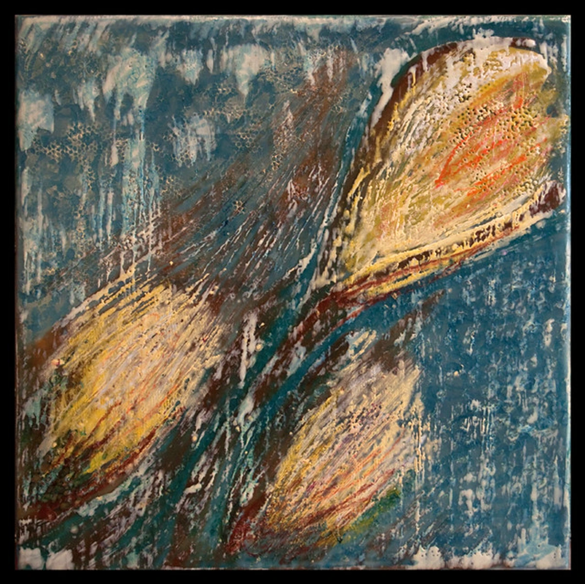 Vibrant encaustic painting of crocuses in shades of yellow, orange, and red against a textured blue background, by Sharon Sperry Bloom.