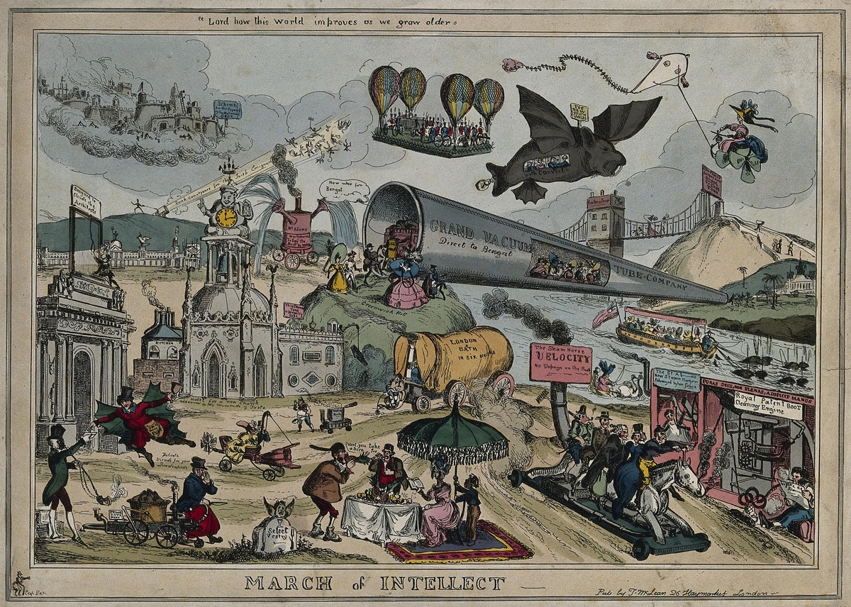 Een satirische 19e-eeuwse karikatuur getiteld 'March of Intellect', die verschillende uitvindingen en transportmiddelen toont zoals luchtballonnen, een vacuümbuis trein naar Bengalen en stoomaangedreven voertuigen, die de snelle technologische vooruitgang en maatschappelijke veranderingen van die tijd illustreren.