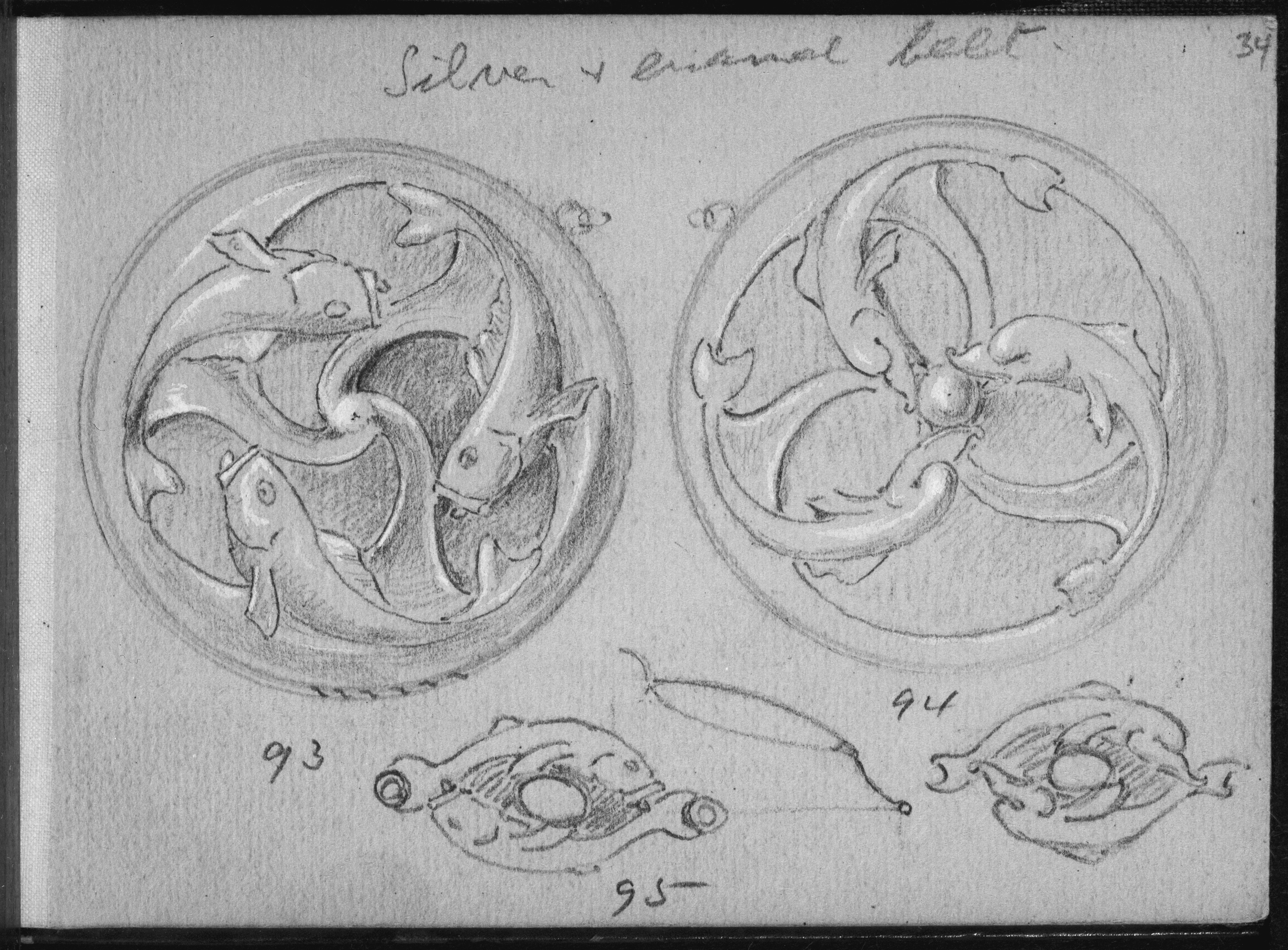 Art Nouveau jewelry designs featuring dolphins and enamel work, sketches 93, 94, and 95.