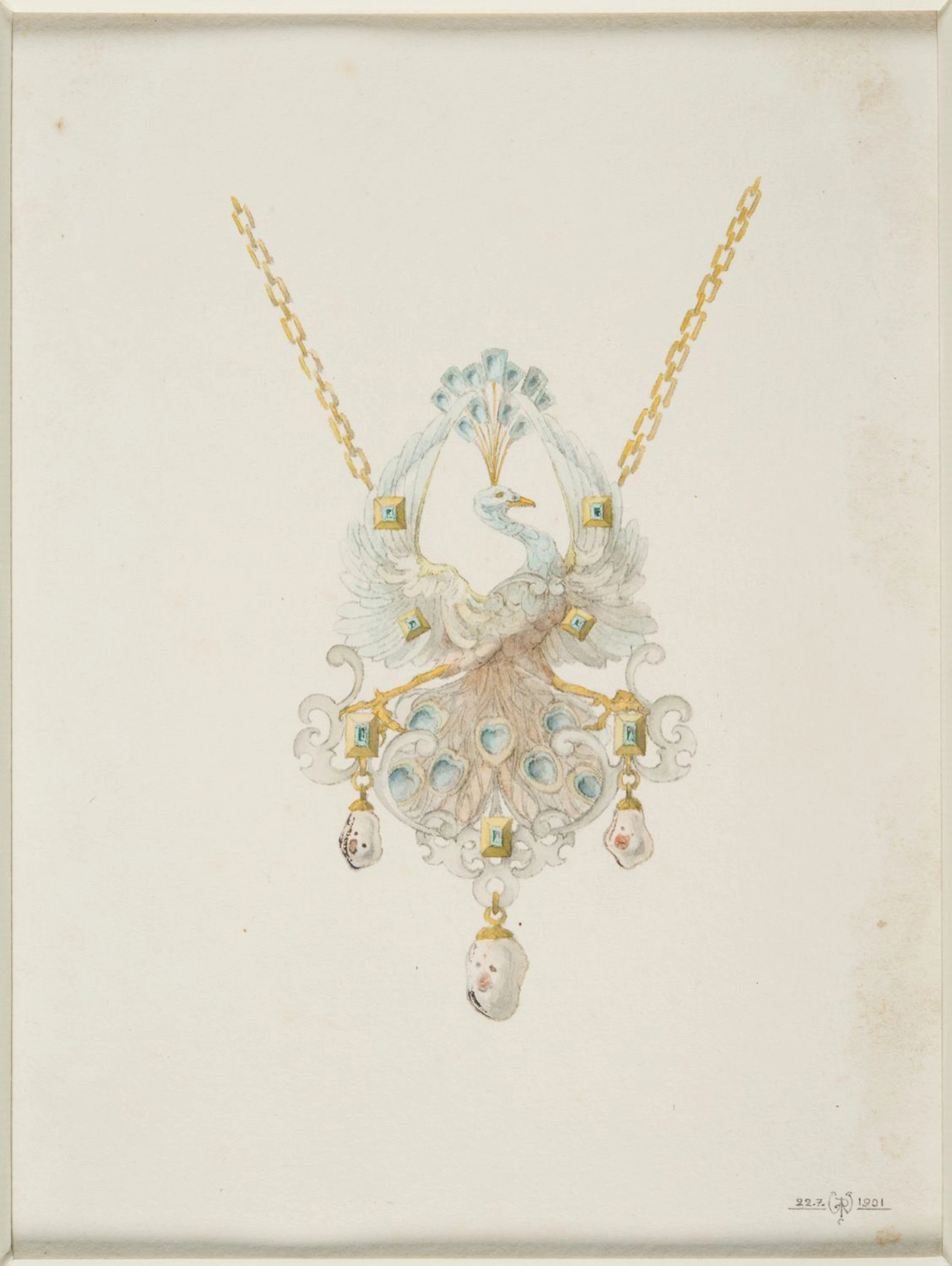 Art Nouveau pendant design featuring a white peacock with blue and green gemstone accents, suspended by a gold chain.