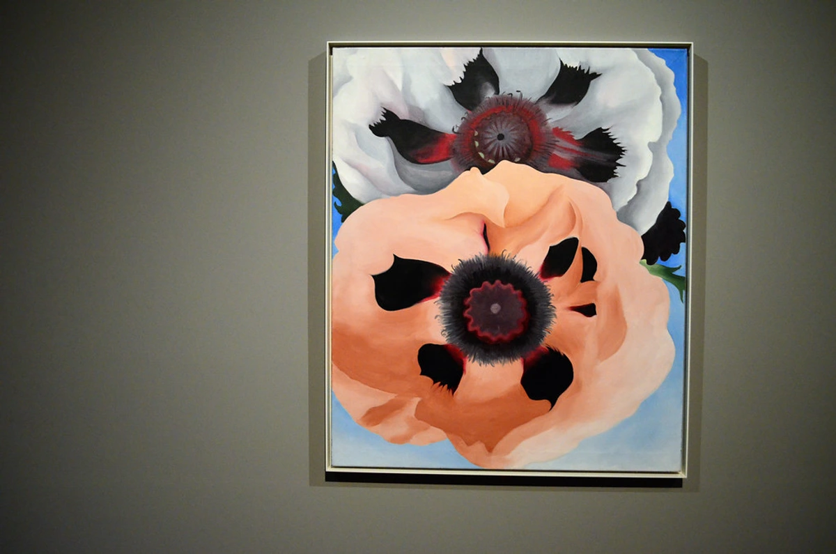 Georgia O'Keeffe's iconic painting of two large, vibrant poppies in close-up, showcasing her signature style of abstracting natural forms.