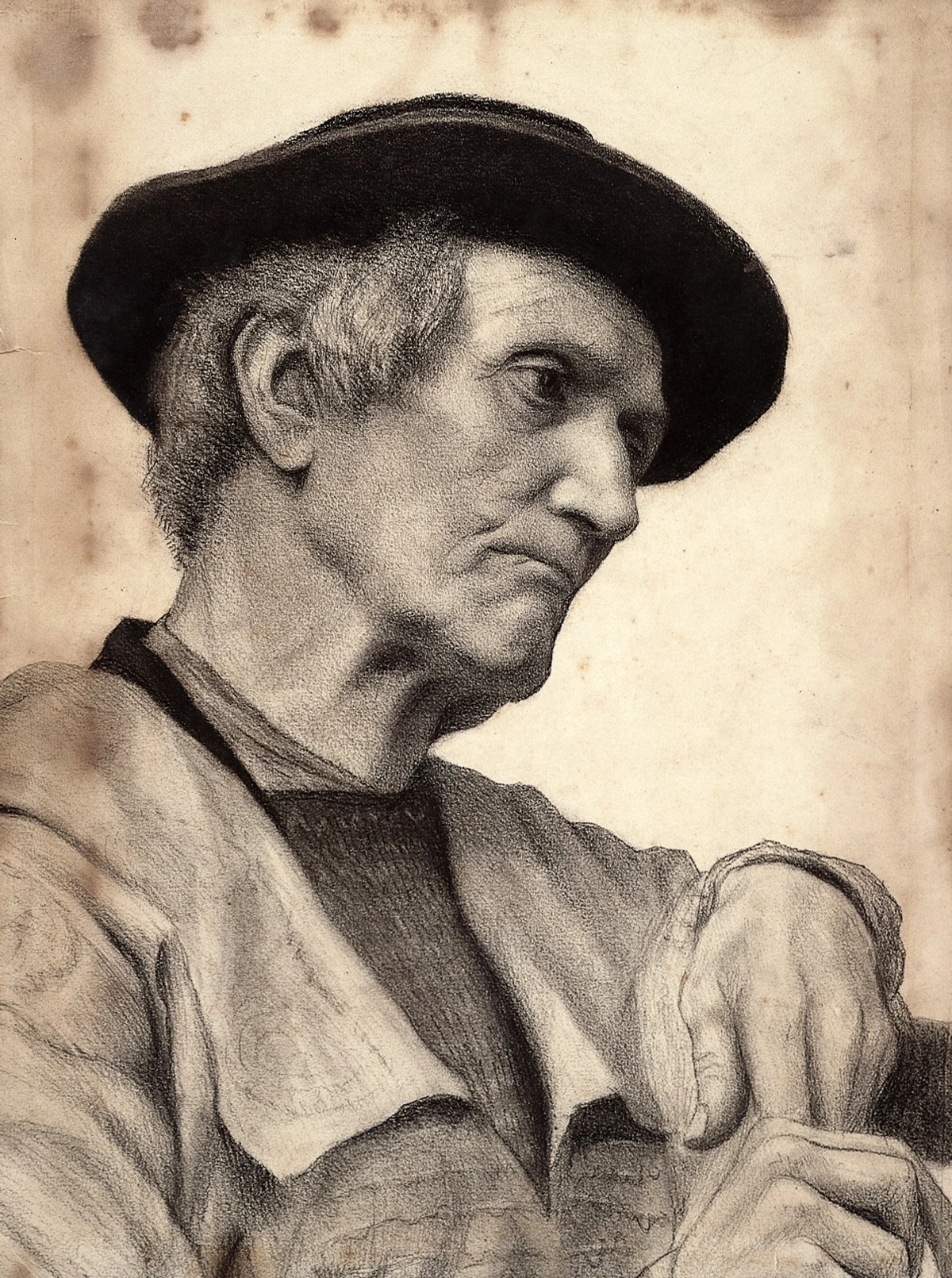 Charcoal drawing of an old man's head and shoulders, looking to the right with a thoughtful expression, wearing a dark hat and coat.