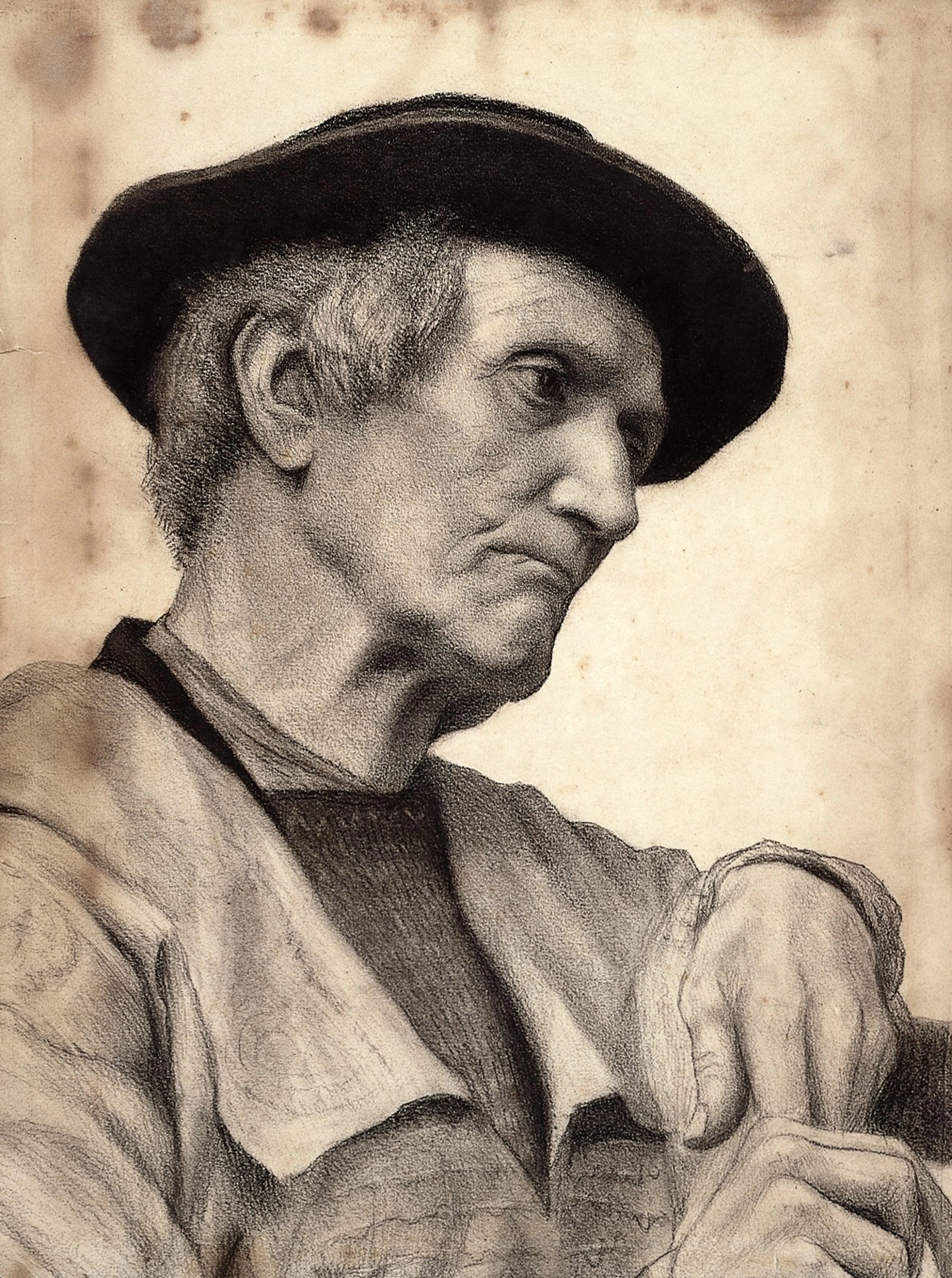 Charcoal drawing of an old man's head and shoulders, looking to the right with a thoughtful expression, wearing a dark hat and coat.