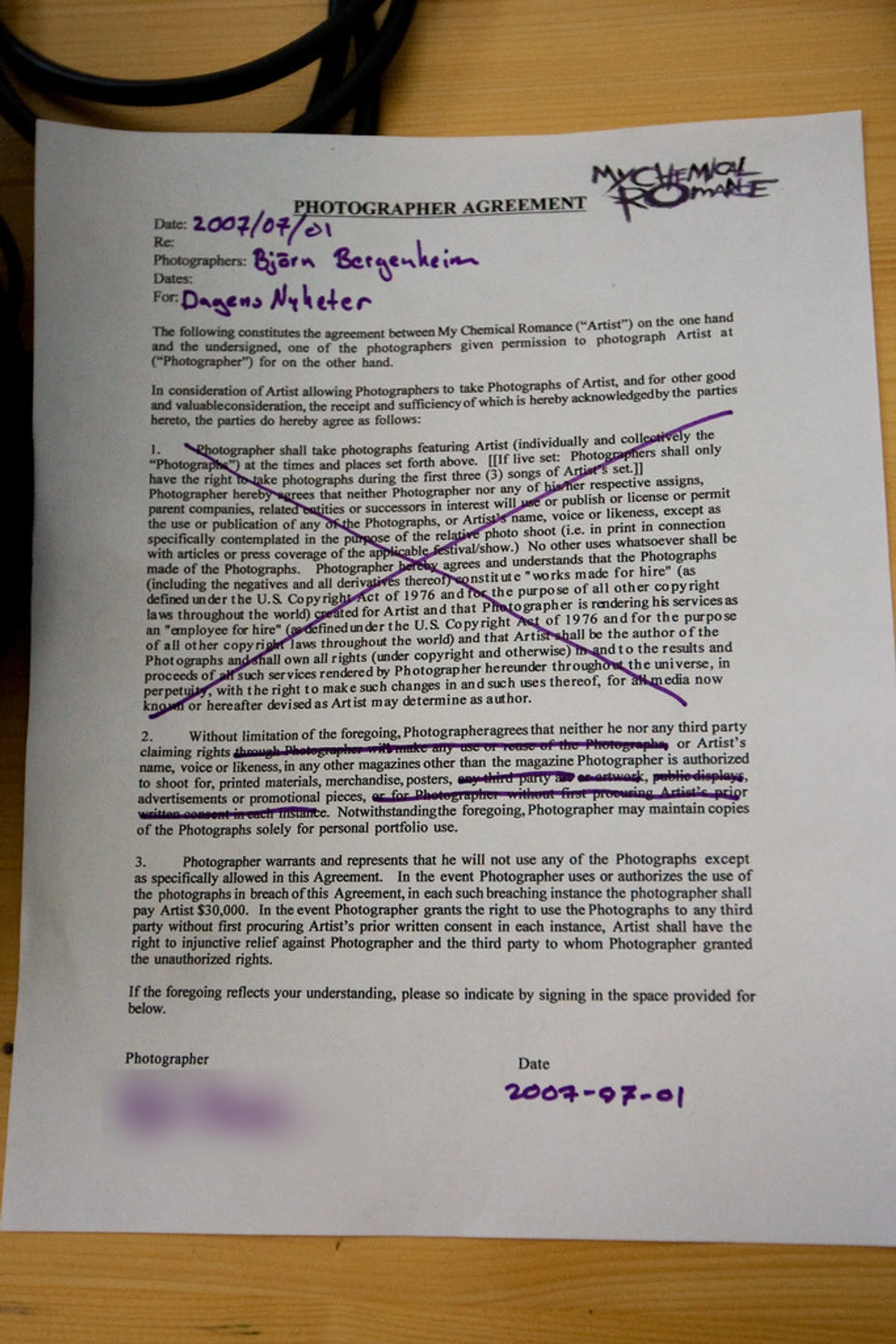 Photographer agreement signed by Bjorn Bergenheim for My Chemical Romance on July 1, 2007, detailing artist royalties and licensing.