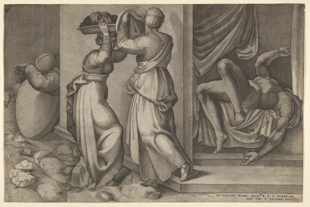 Judith giving the head of Holofernes on a platter, a classical engraving demonstrating foreshortening with figures in dynamic poses.