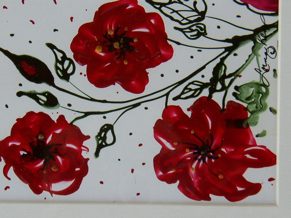 Three vibrant red poppies with dark stems in an encaustic beeswax painting, conveying themes of sleep, peace, and remembrance.