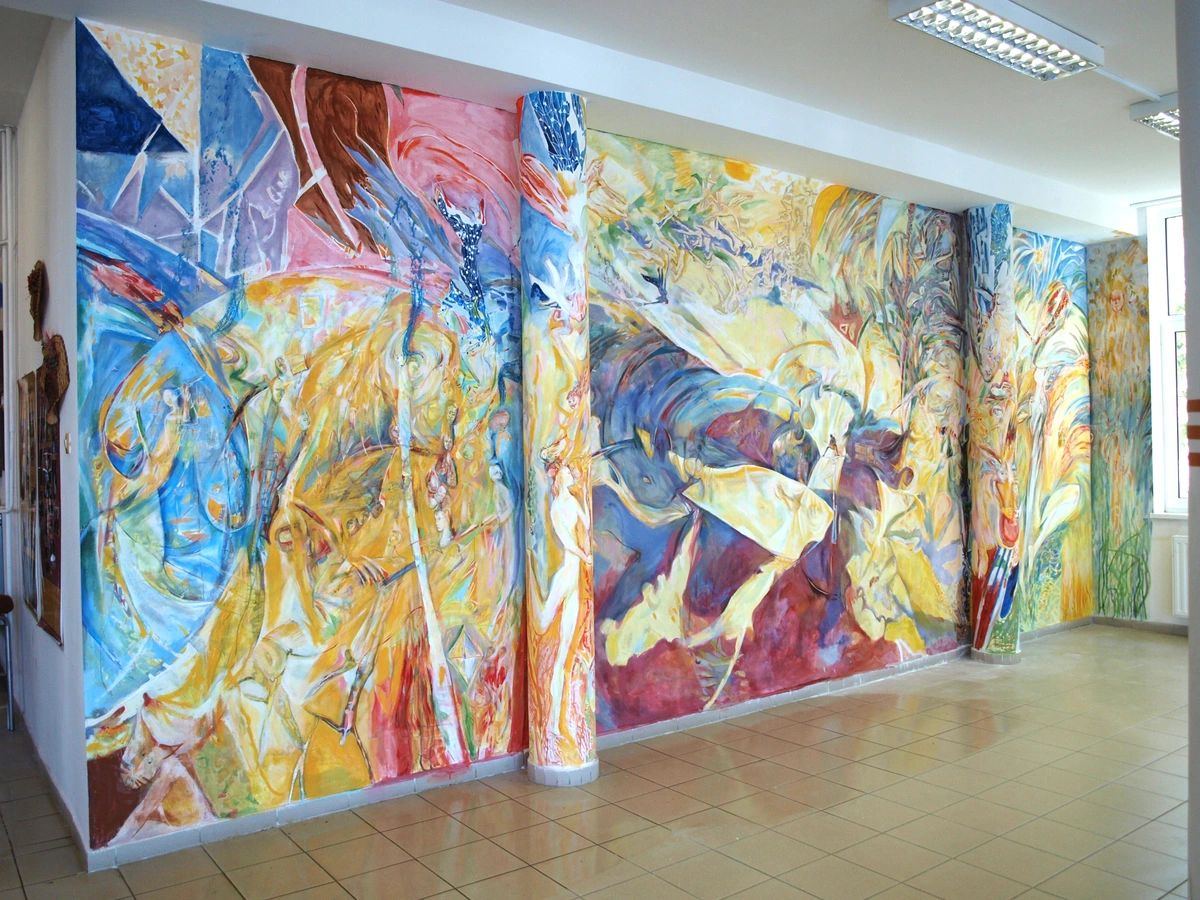 Vibrant and abstract fresco mural by Slovak artists Peter Mester and Ivan Mester, depicting dynamic figures and forms in a colorful, flowing style.