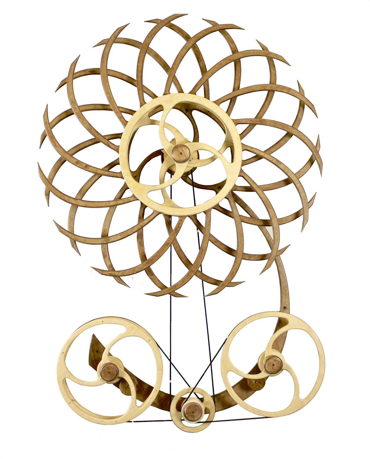 Dimensions Kinetic Sculpture by David C. Roy, 2015, showcasing intricate wooden gears and moving parts, a prime example of kinetic art.