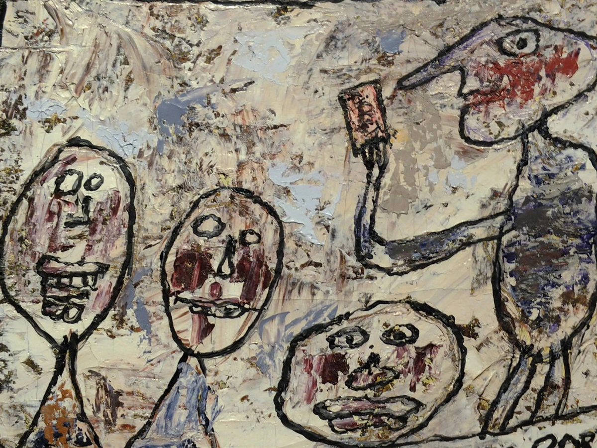 Outsider art painting of four figures, one holding a small pink object, by Jean Dubuffet, titled Bus Passengers | Paris-Montparnasse (1961).