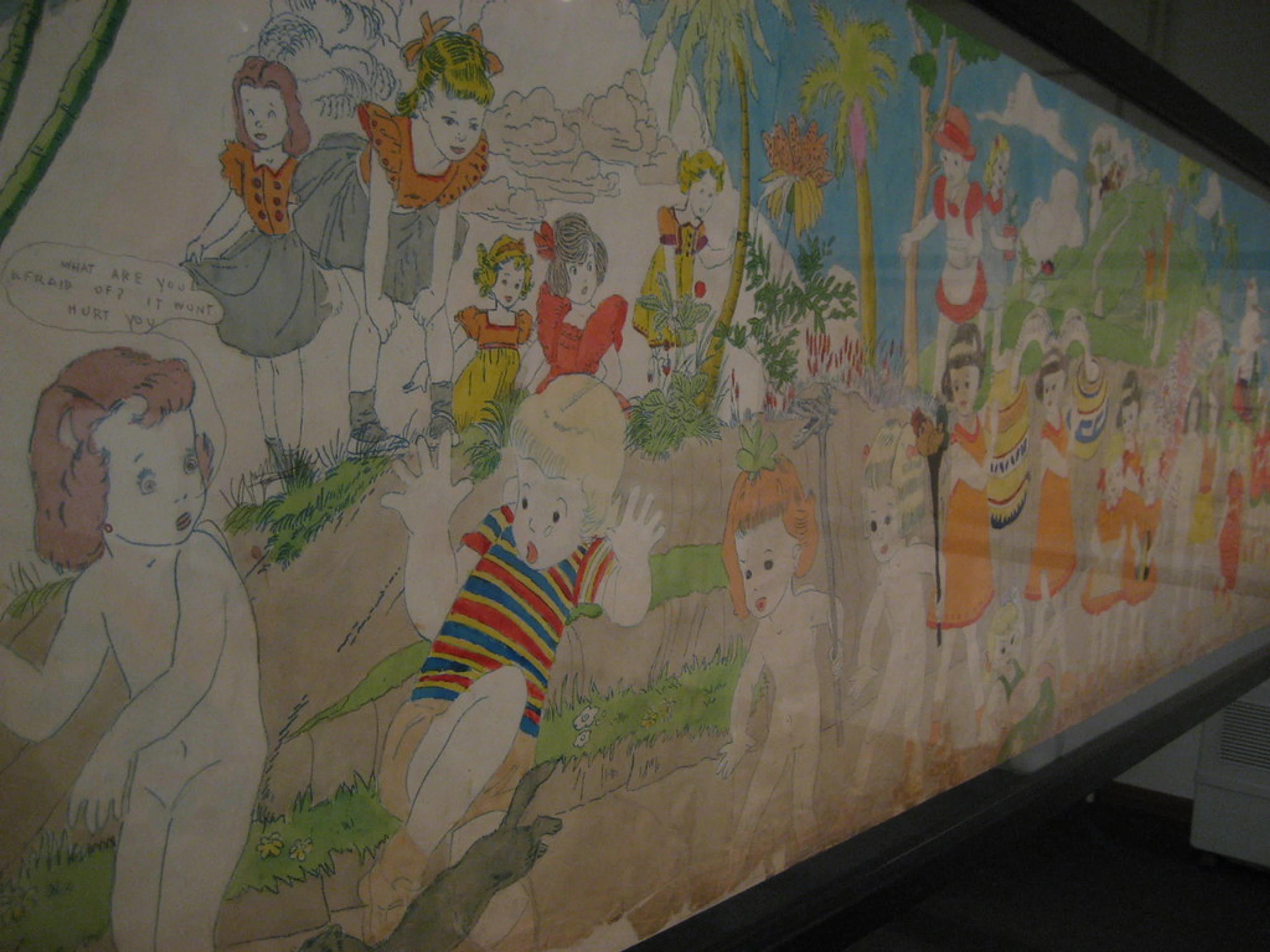 Henry Darger painting of children in a tropical setting, with a speech bubble saying 'What are you afraid of? It won't hurt you.'
