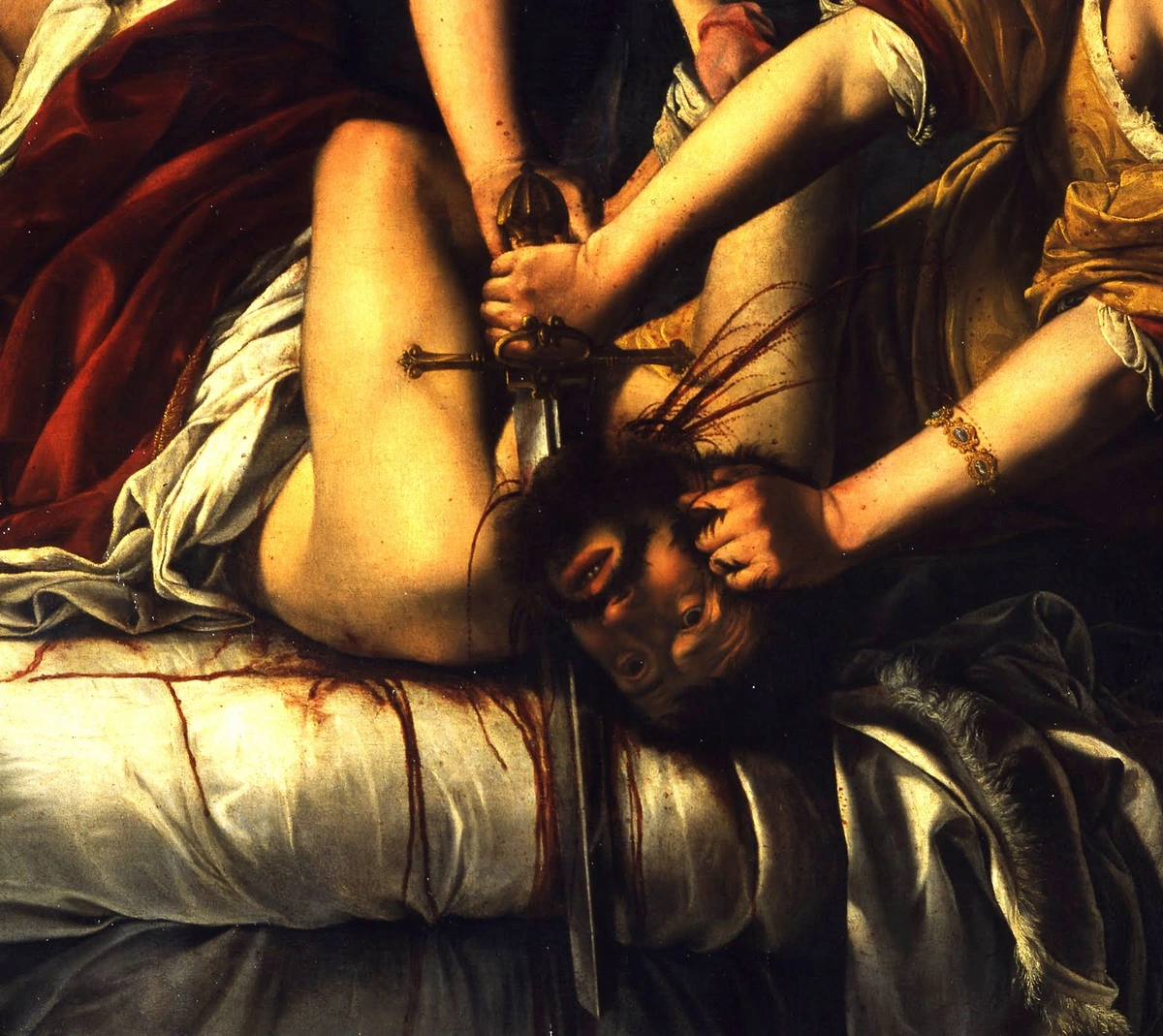 Artemisia Gentileschi's Judith Beheading Holofernes painting, depicting the biblical scene with dramatic lighting and intense action.