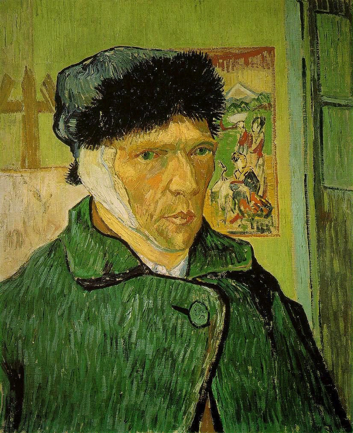 Vincent van Gogh zelfportret met verbonden oor, gekleed in een groene jas en donkere hoed, geschilderd in 1889.