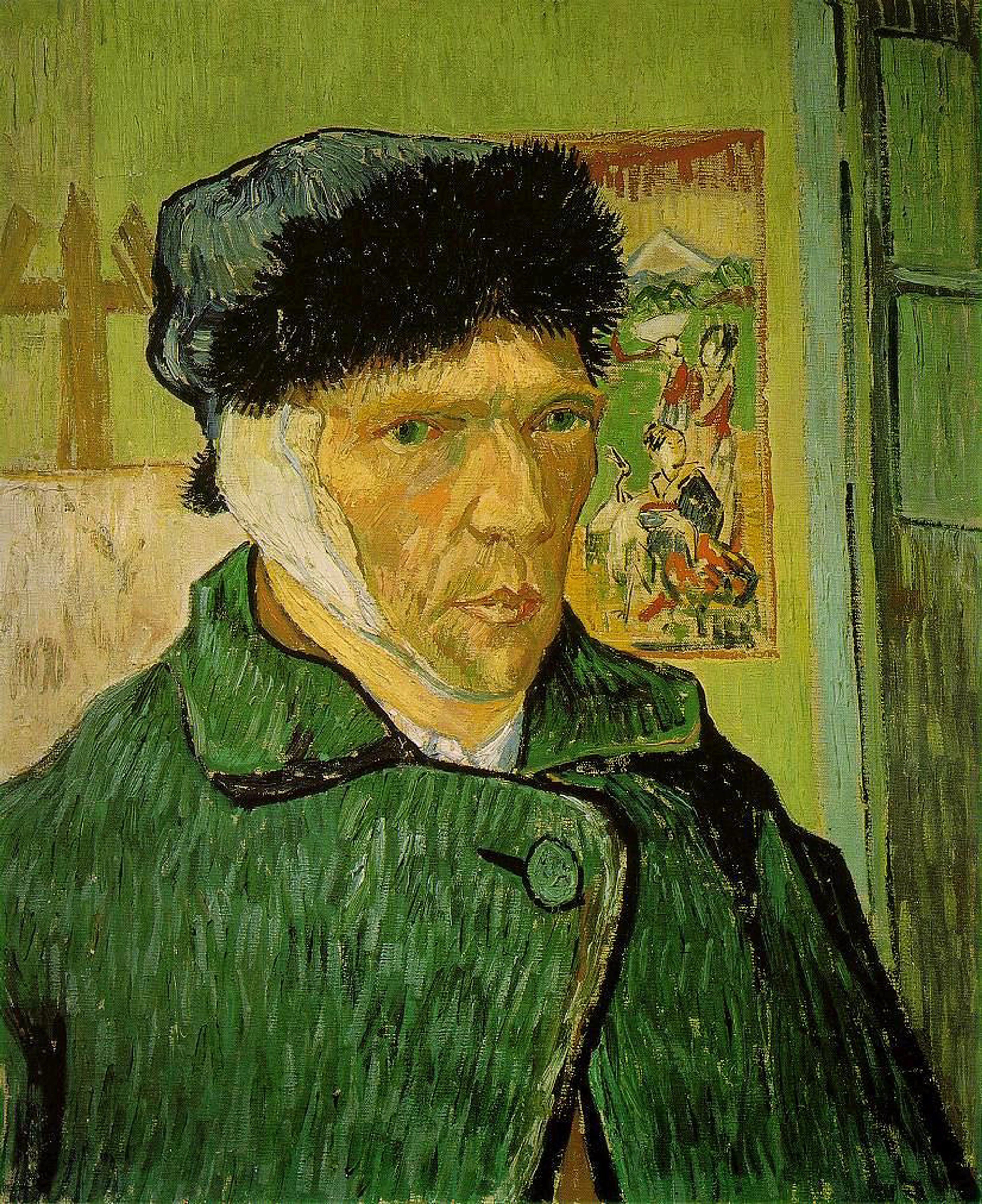 Vincent van Gogh zelfportret met verbonden oor, gekleed in een groene jas en donkere hoed, geschilderd in 1889.