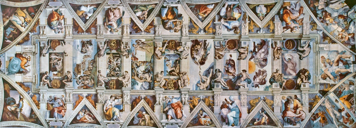 Michelangelo's Sistine Chapel ceiling frescoes depicting biblical scenes and figures in vibrant detail.