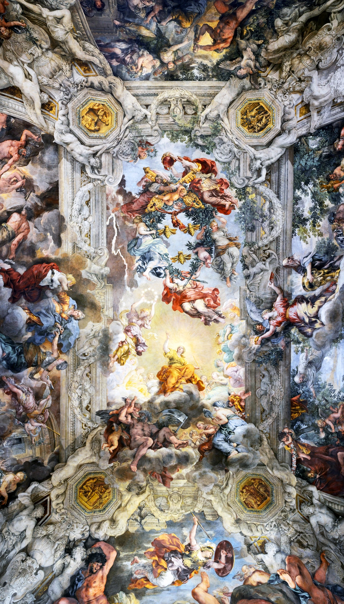 Baroque fresco on the ceiling of Palazzo Barberini, Rome, depicting mythological scenes with vibrant colors and dynamic figures.