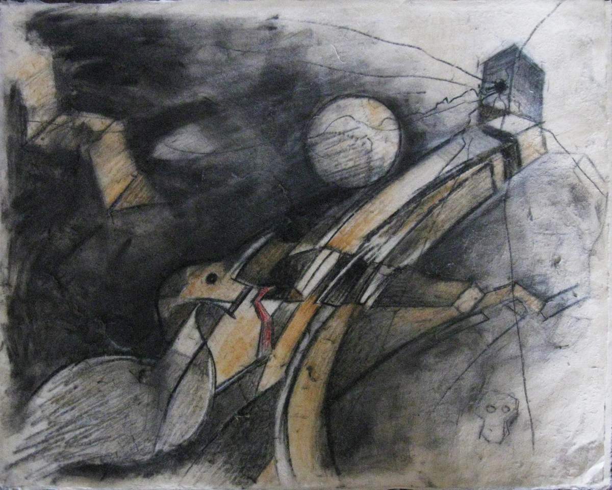 Abstract charcoal drawing of a bird-like figure with a circular moon and a cubical structure, showcasing the diverse possibilities with charcoal accessories.