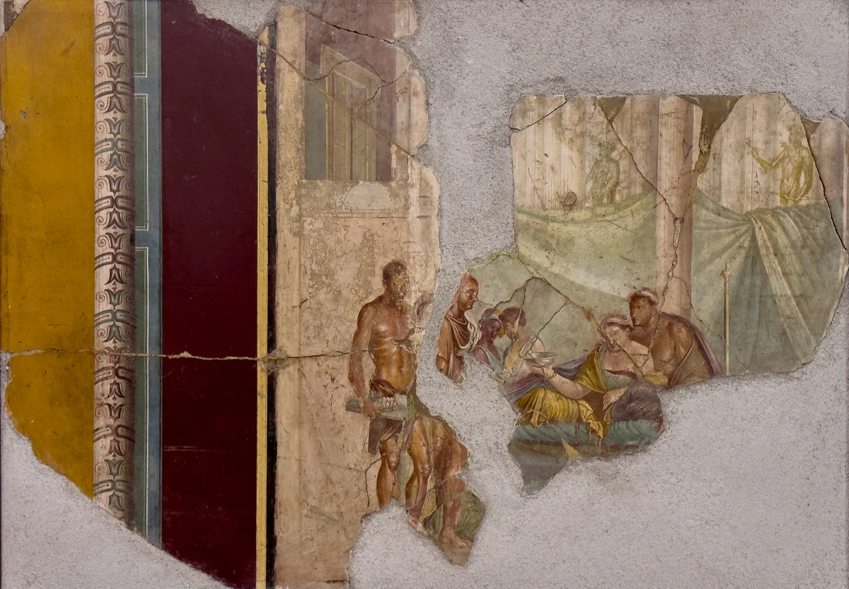 Fresco depicting the death of Sophonisba or a banquet scene, showcasing ancient Roman art and fresco techniques.